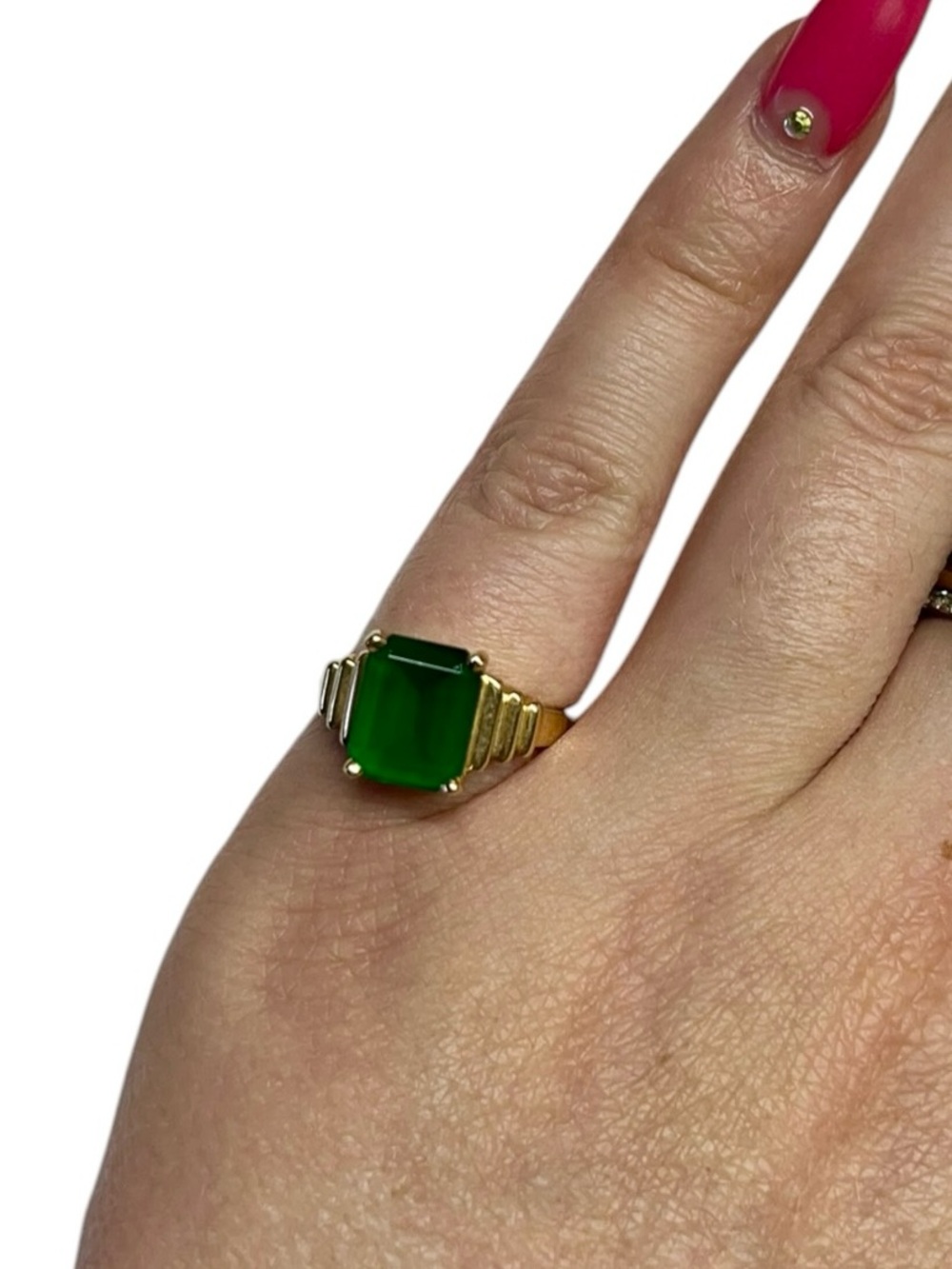 Vintage 14K Gold Emerald Cut Green Stone Ring Size 6